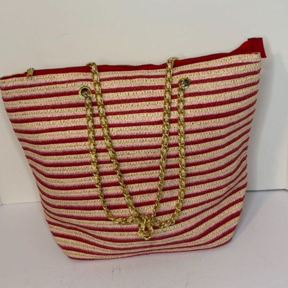 Straw Studios Red White Striped Woven Straw Tote Bag Gold Chain Handle
